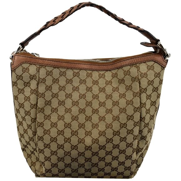 GUCCI Bamboo Bar GG Monogram Canvas Hobo Bag Brown